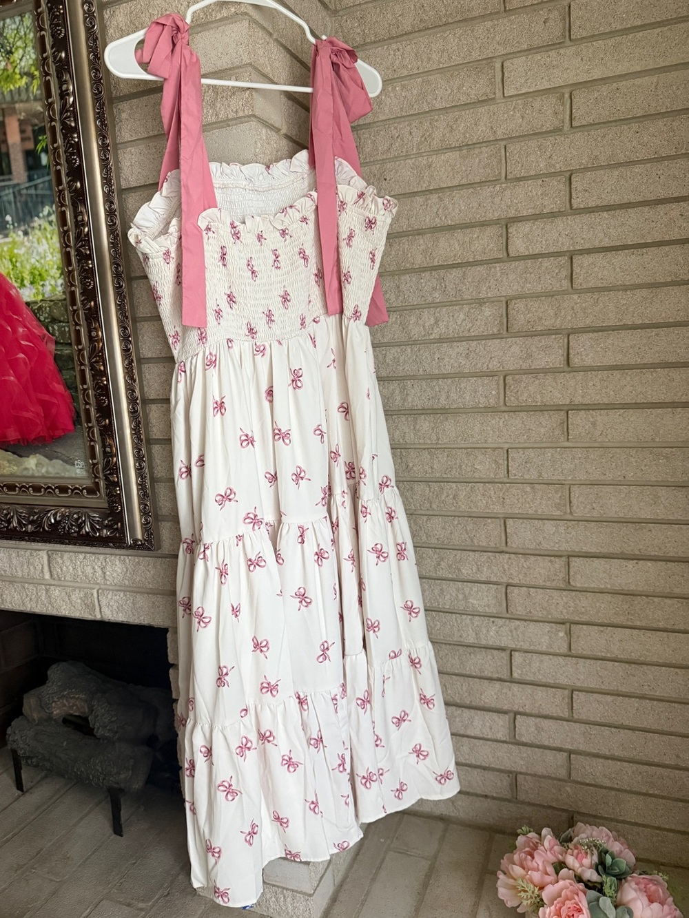 Cider White Maxi Dress with Pink Bow Print and Pink Tie Straps